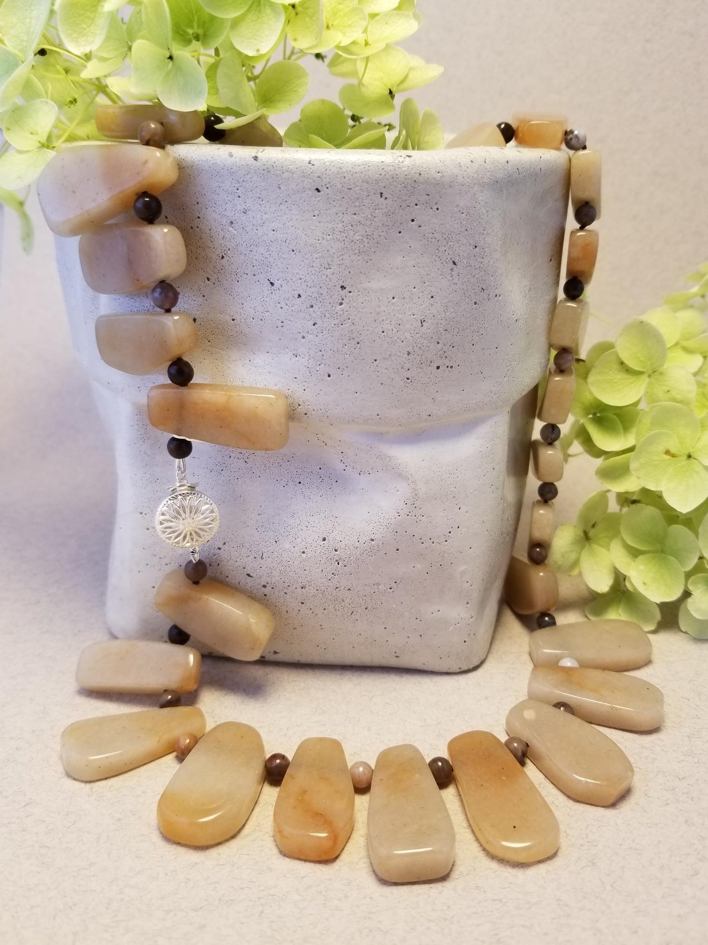 Peach Aventurine and Petrified Wood Necklace