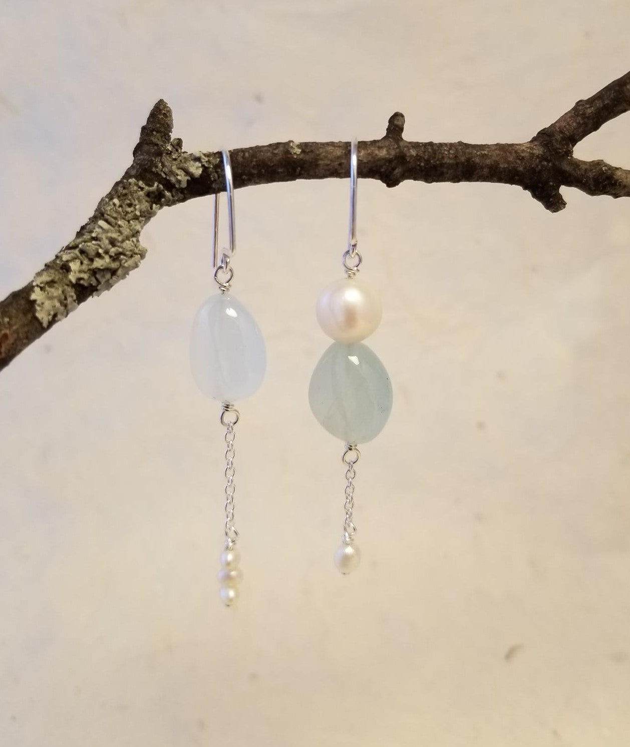 Asymmetrical Aquamarine & Freshwater Pearl Earrings No. 3