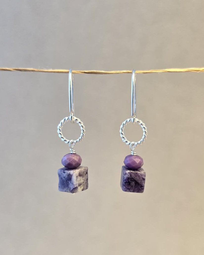 Lepidolite Cube and Twist Loop Earrings