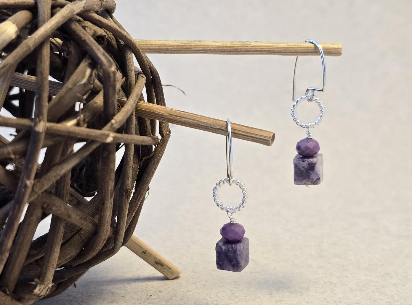 Lepidolite Cube and Twist Loop Earrings