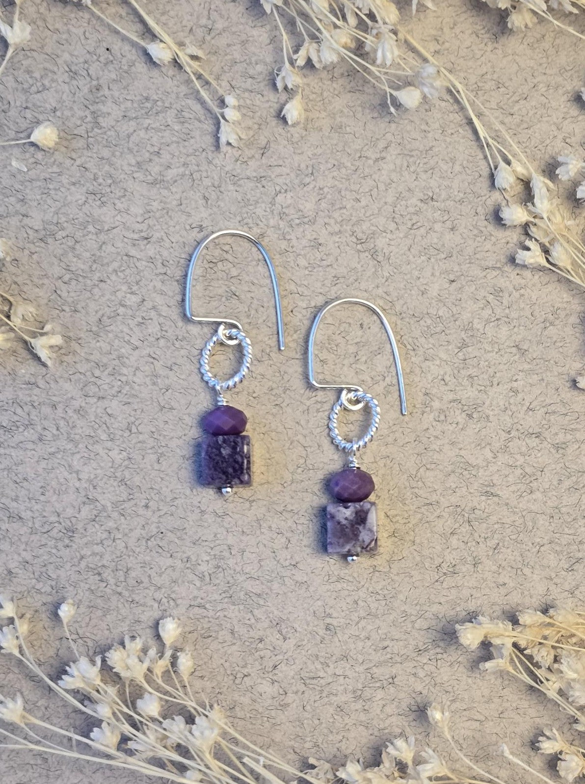 Lepidolite Cube and Twist Loop Earrings