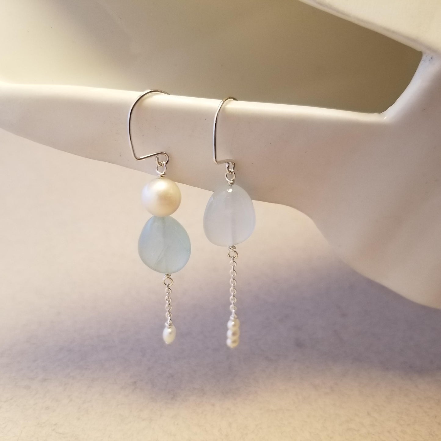 Asymmetrical Aquamarine & Freshwater Pearl Earrings No. 3