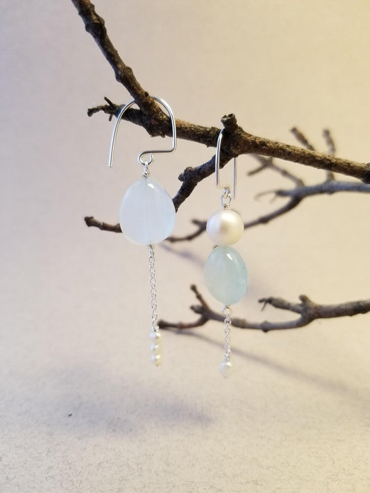 Asymmetrical Aquamarine & Freshwater Pearl Earrings No. 3