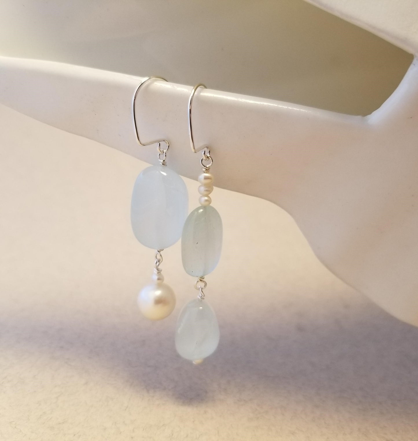 Asymmetrical Aquamarine & Freshwater Pearl Earrings No. 1