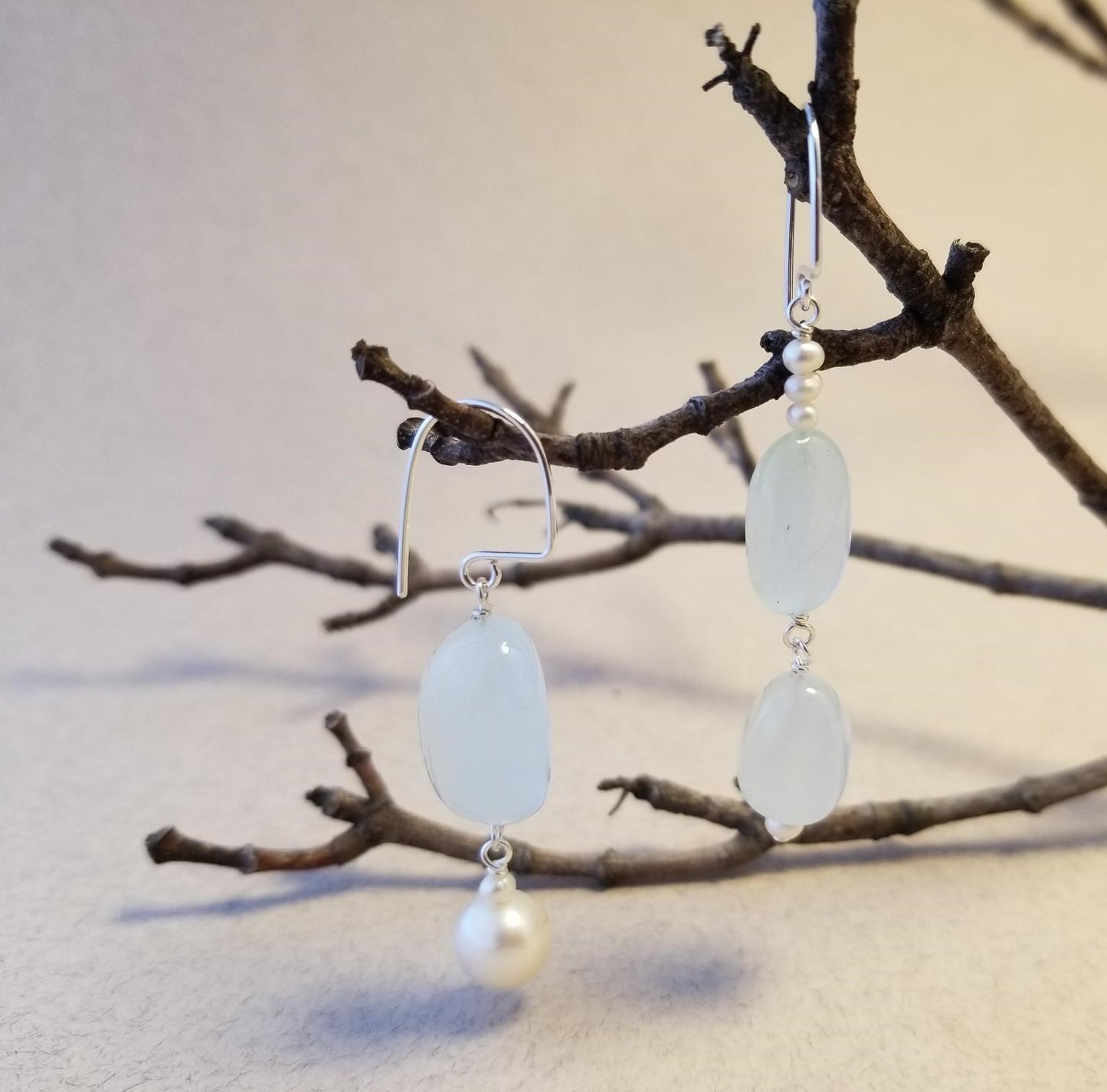 Asymmetrical Aquamarine & Freshwater Pearl Earrings No. 1